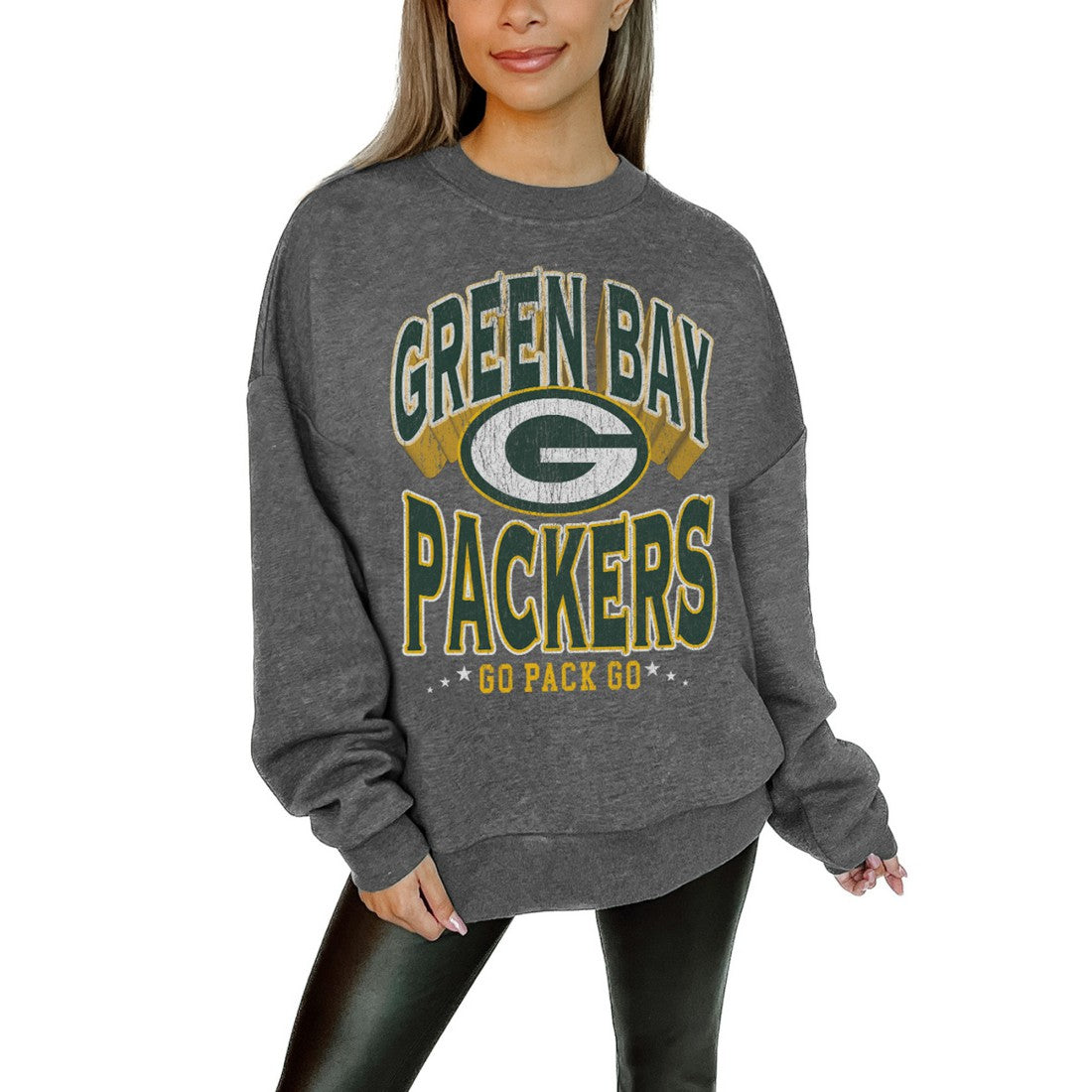 Green Bay Packers Gameday Couture Women's Oversized Long Weekend Premium Fleece Drop Shoulder Pullover Sweatshirt Charcoal - NFL