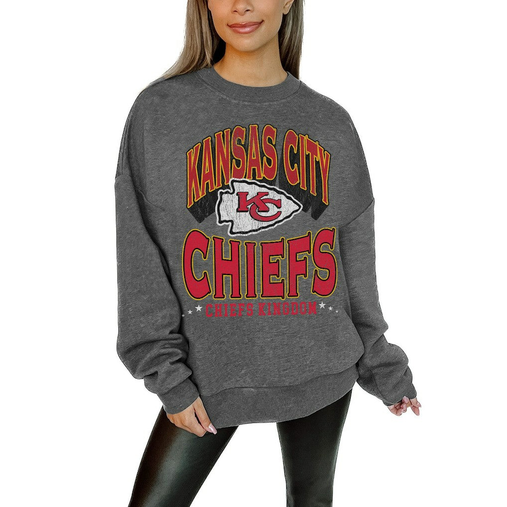 Kansas City Chiefs Gameday Couture Women's Oversized Long Weekend Premium Fleece Drop Shoulder Pullover Sweatshirt Charcoal - NFL