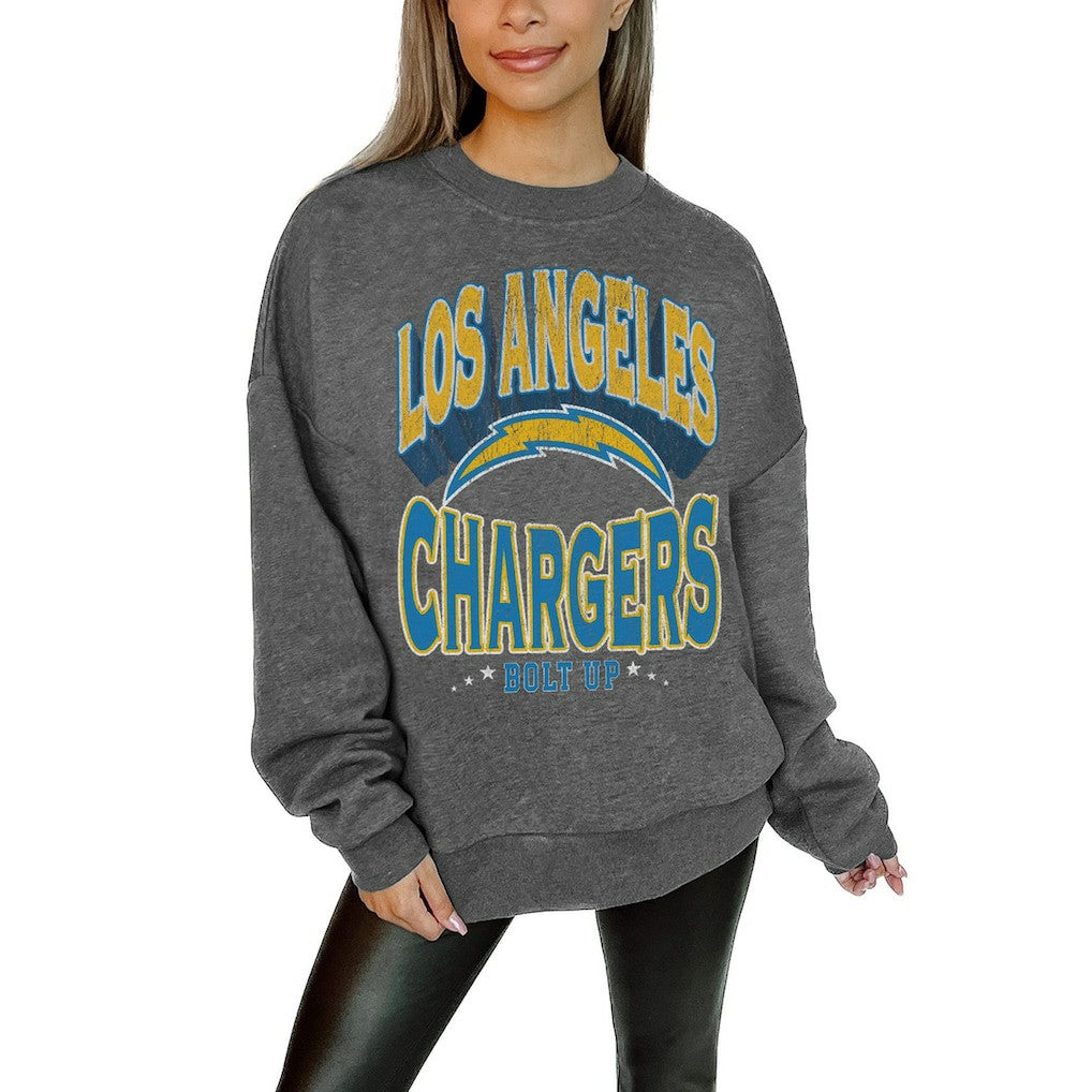 Los Angeles Chargers Gameday Couture Women's Oversized Long Weekend Premium Fleece Drop Shoulder Pullover Sweatshirt Charcoal - NFL