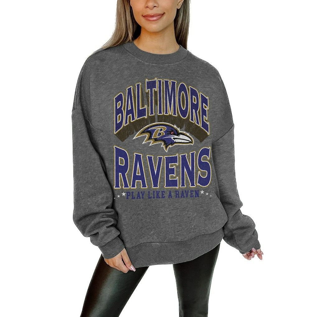 Baltimore Ravens Gameday Couture Women's Oversized Long Weekend Premium Fleece Drop Shoulder Pullover Sweatshirt Charcoal - NFL