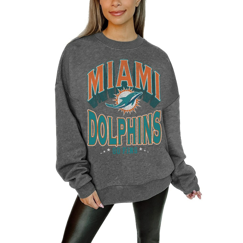 Miami Dolphins Gameday Couture Women's Oversized Long Weekend Premium Fleece Drop Shoulder Pullover Sweatshirt Charcoal - NFL