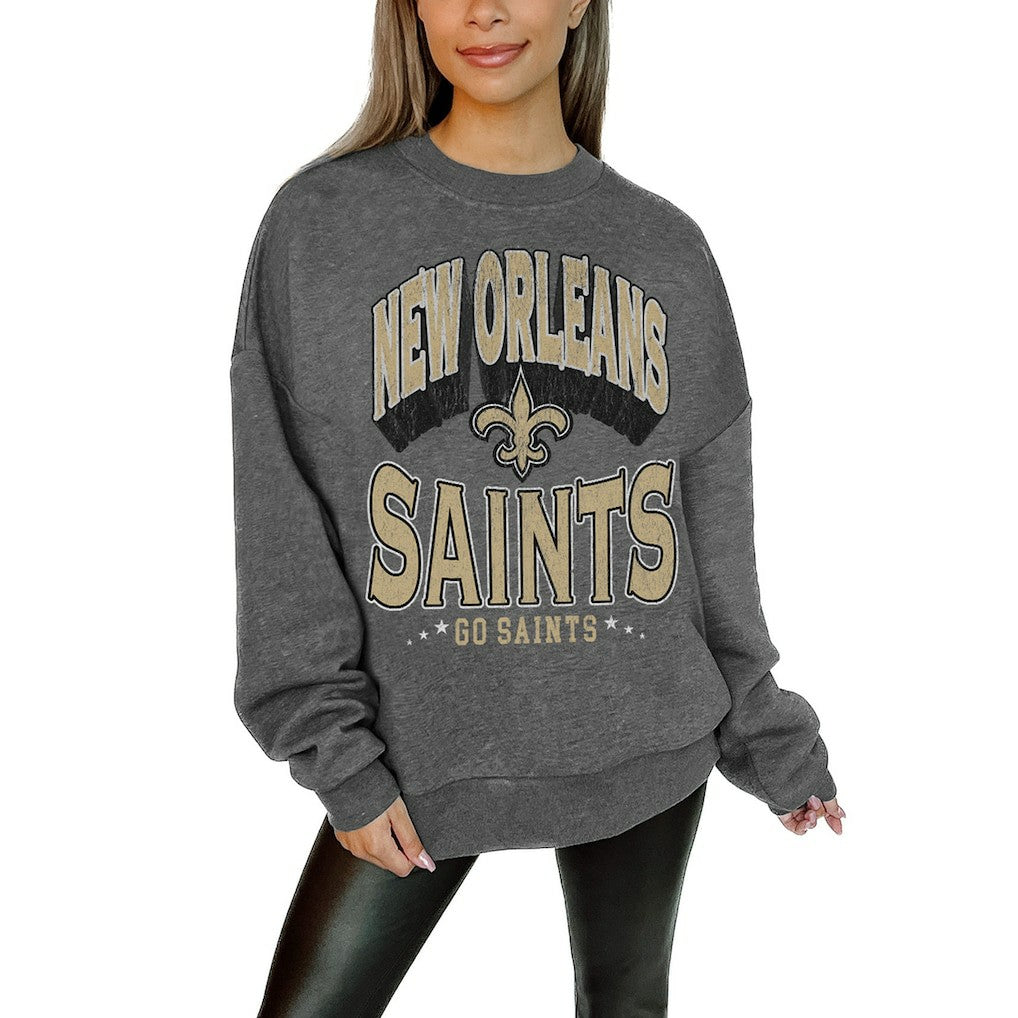 New Orleans Saints Gameday Couture Women's Oversized Long Weekend Premium Fleece Drop Shoulder Pullover Sweatshirt Charcoal - NFL