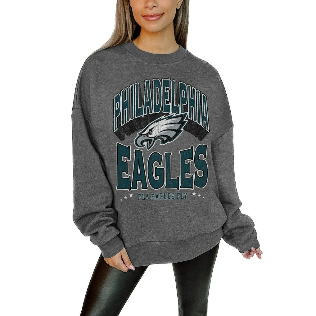 Philadelphia Eagles Gameday Couture Women's Oversized Long Weekend Premium Fleece Drop Shoulder Pullover Sweatshirt Charcoal - NFL