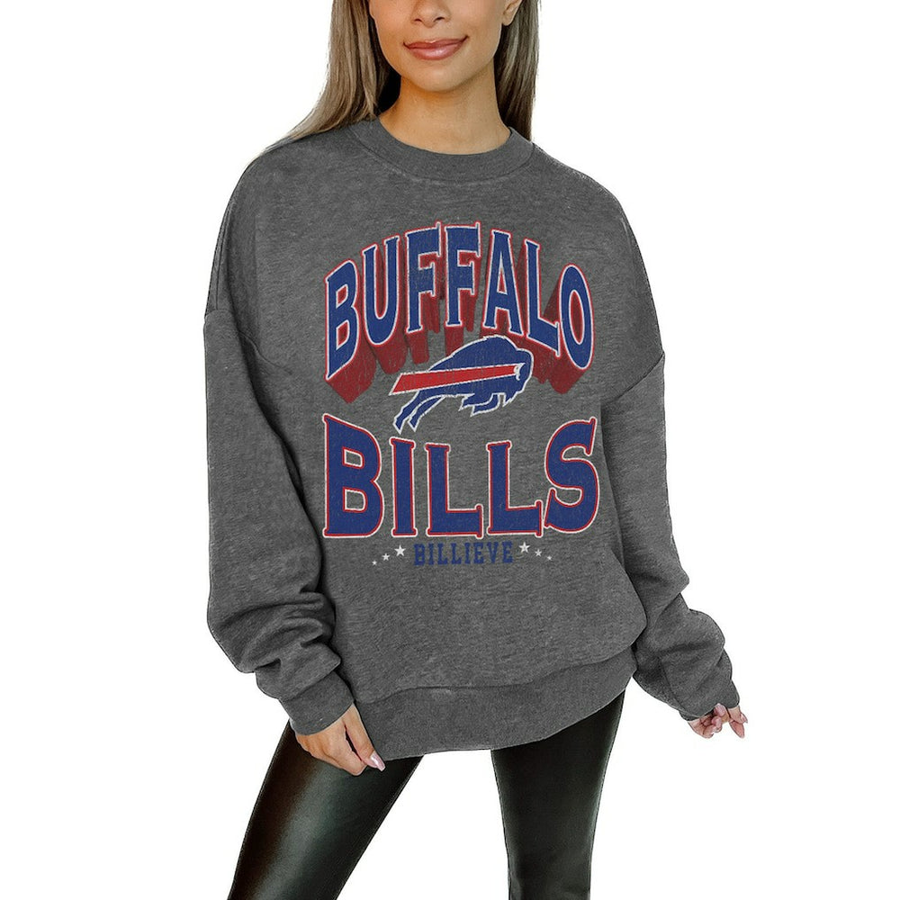 Buffalo Bills Gameday Couture Women's Oversized Long Weekend Premium Fleece Drop Shoulder Pullover Sweatshirt Charcoal - NFL