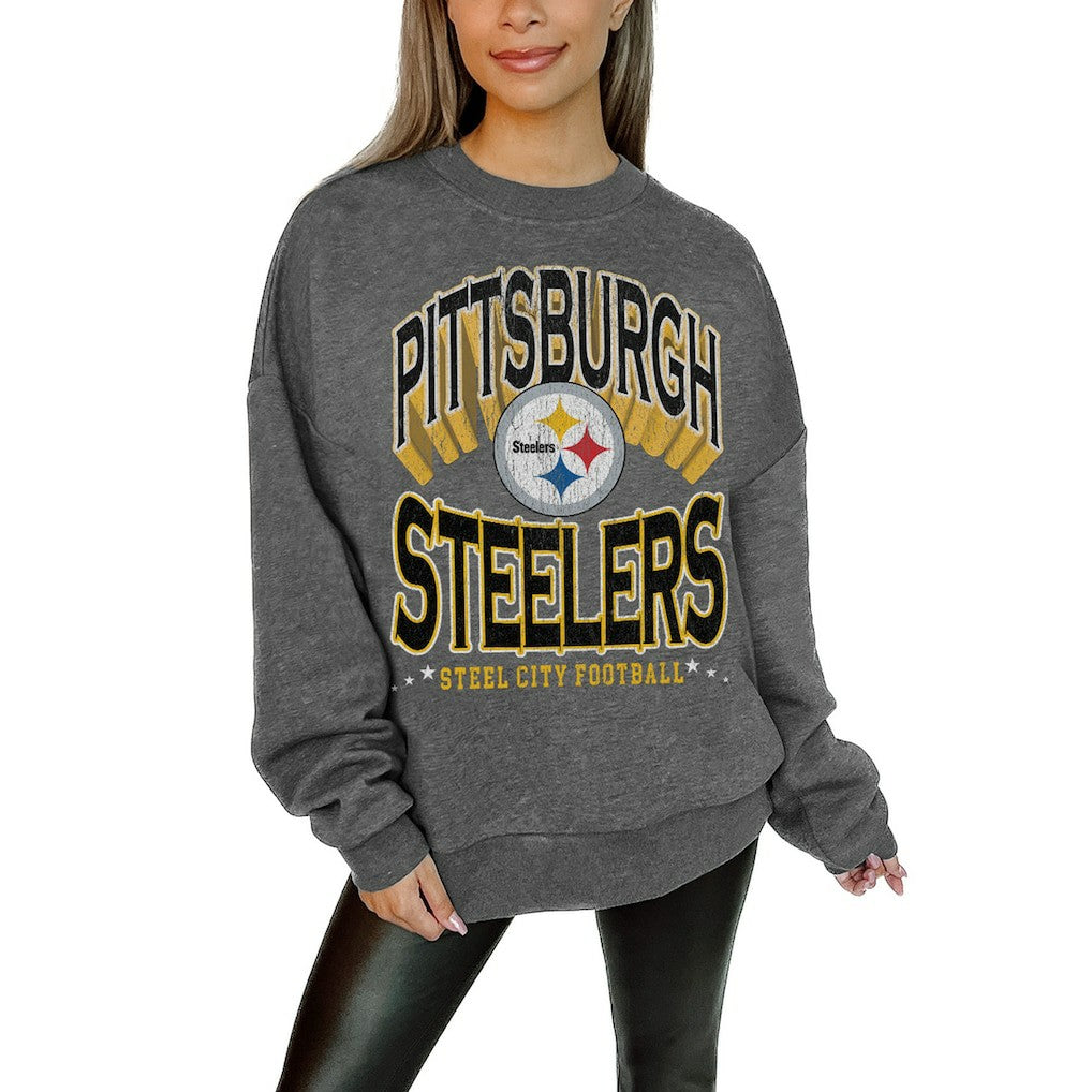 Pittsburgh Steelers Gameday Couture Women's Oversized Long Weekend Premium Fleece Drop Shoulder Pullover Sweatshirt Charcoal - NFL