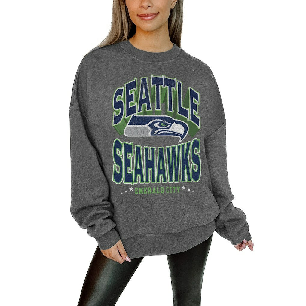 Seattle Seahawks Gameday Couture Women's Oversized Long Weekend Premium Fleece Drop Shoulder Pullover Sweatshirt Charcoal - NFL