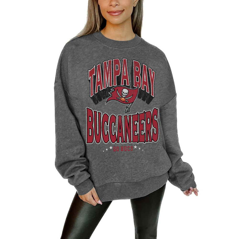 Tampa Bay Buccaneers Gameday Couture Women's Oversized Long Weekend Premium Fleece Drop Shoulder Pullover Sweatshirt Charcoal - NFL