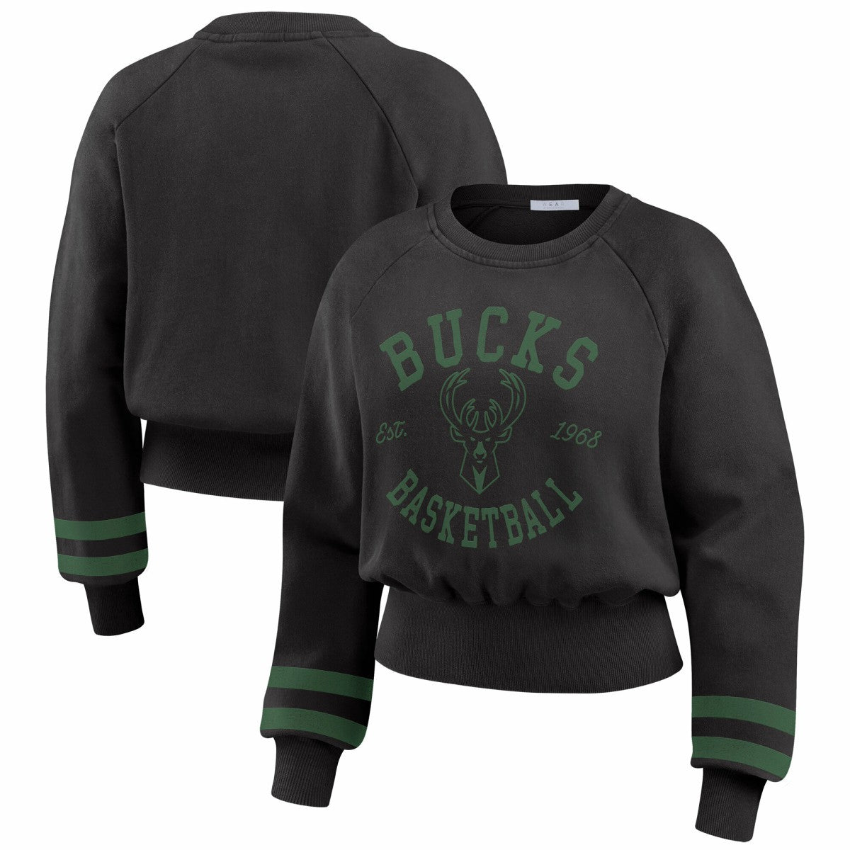 NBA - Milwaukee Bucks WEAR by Erin Andrews Women's Vintage Raglan Cropped Pullover Sweatshirt - Black
