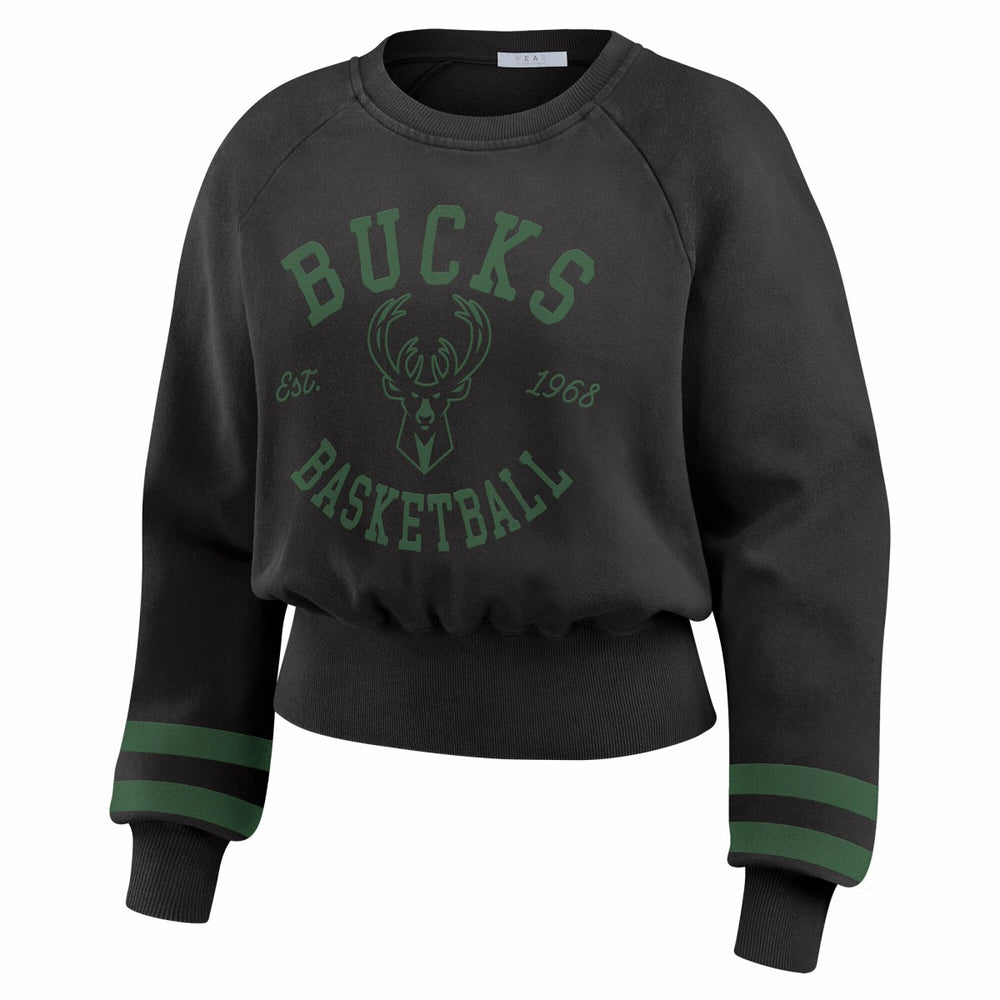 NBA - Milwaukee Bucks WEAR by Erin Andrews Women's Vintage Raglan Cropped Pullover Sweatshirt - Black