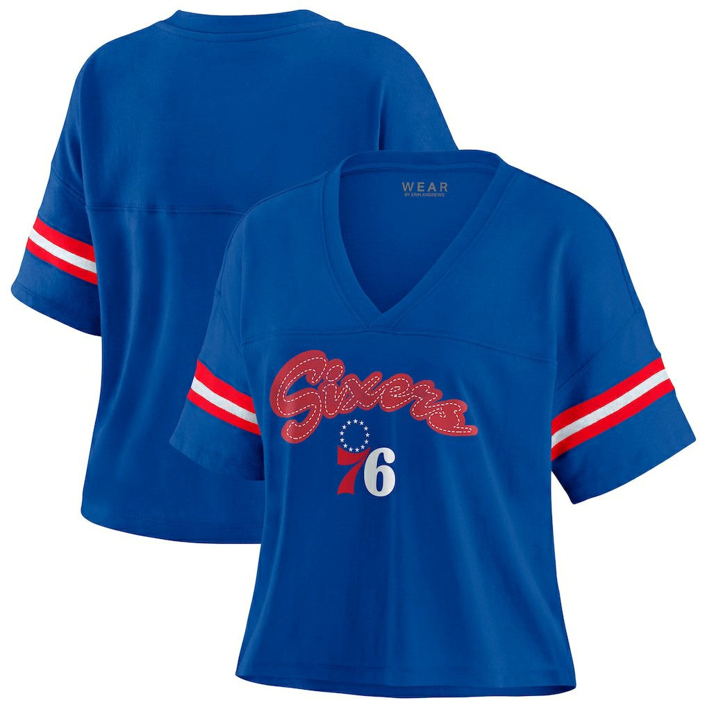 NBA - Philadelphia 76ers WEAR by Erin Andrews Women's Color Block Boxy V-Neck T-Shirt - Royal