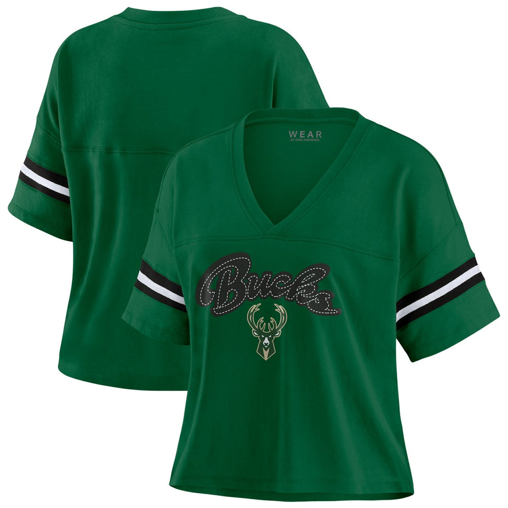 NBA - Milwaukee Bucks WEAR by Erin Andrews Women's Color Block Boxy V-Neck T-Shirt - Hunter Green