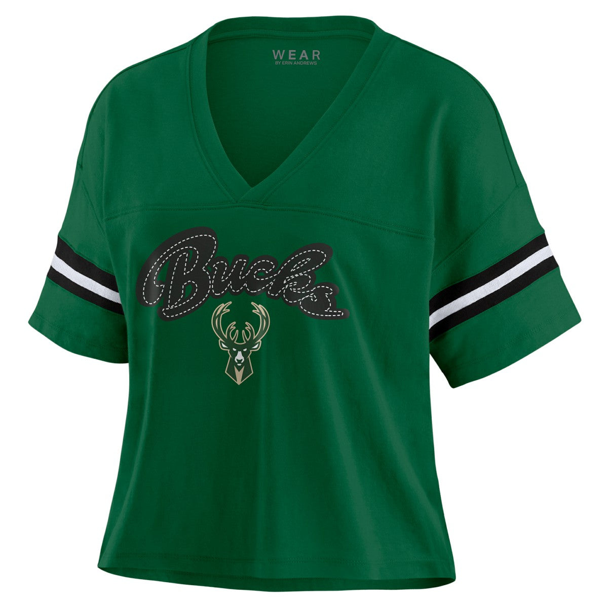 NBA - Milwaukee Bucks WEAR by Erin Andrews Women's Color Block Boxy V-Neck T-Shirt - Hunter Green