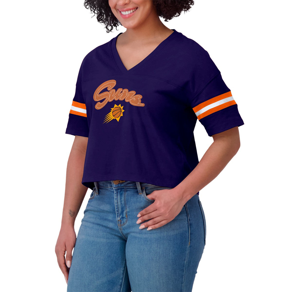 NBA - Phoenix Suns WEAR by Erin Andrews Women's Plus Size Color Block Boxy V-Neck T-Shirt - Purple