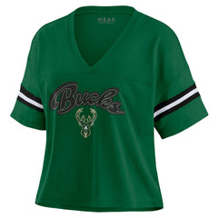 NBA - Milwaukee Bucks WEAR by Erin Andrews Women's Plus Size Color Block Boxy V-Neck T-Shirt - Hunter Green