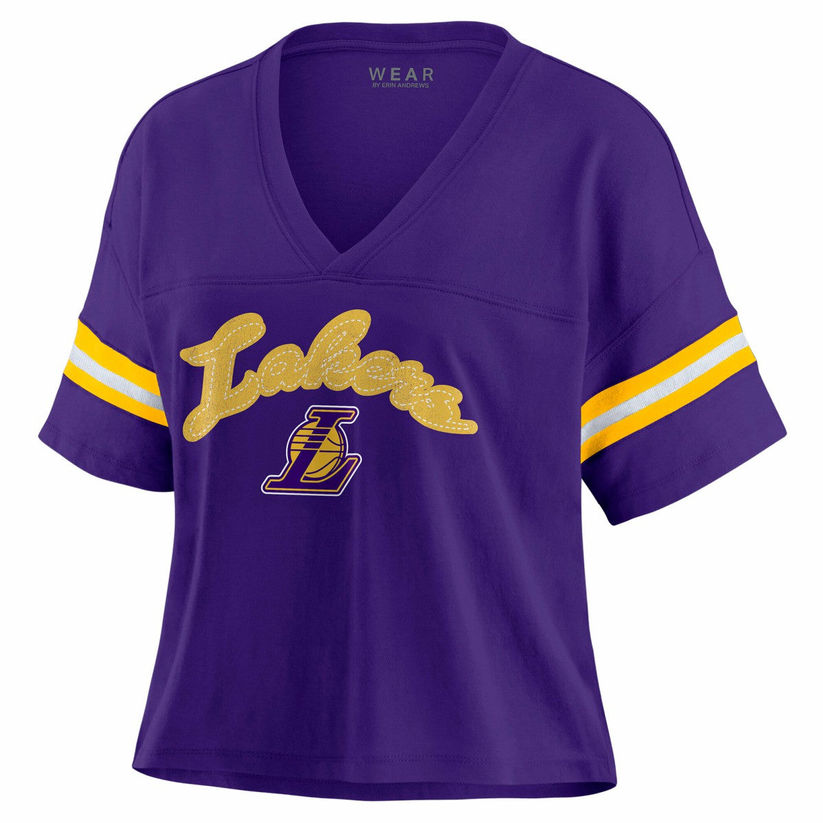 NBA - Los Angeles Lakers WEAR by Erin Andrews Women's Plus Size Color Block Boxy V-Neck T-Shirt - Purple