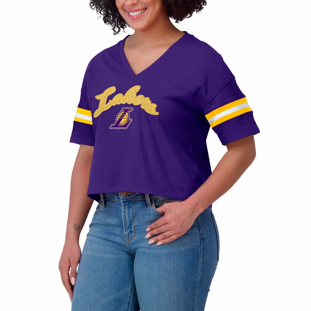 NBA - Los Angeles Lakers WEAR by Erin Andrews Women's Plus Size Color Block Boxy V-Neck T-Shirt - Purple
