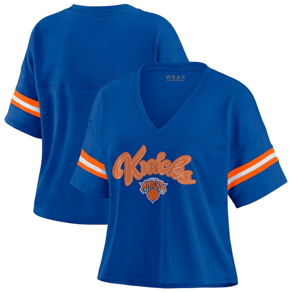 NBA - New York Knicks WEAR by Erin Andrews Women's Plus Size Color Block Boxy V-Neck T-Shirt - Blue