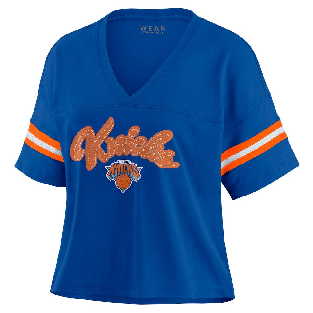 NBA - New York Knicks WEAR by Erin Andrews Women's Plus Size Color Block Boxy V-Neck T-Shirt - Blue