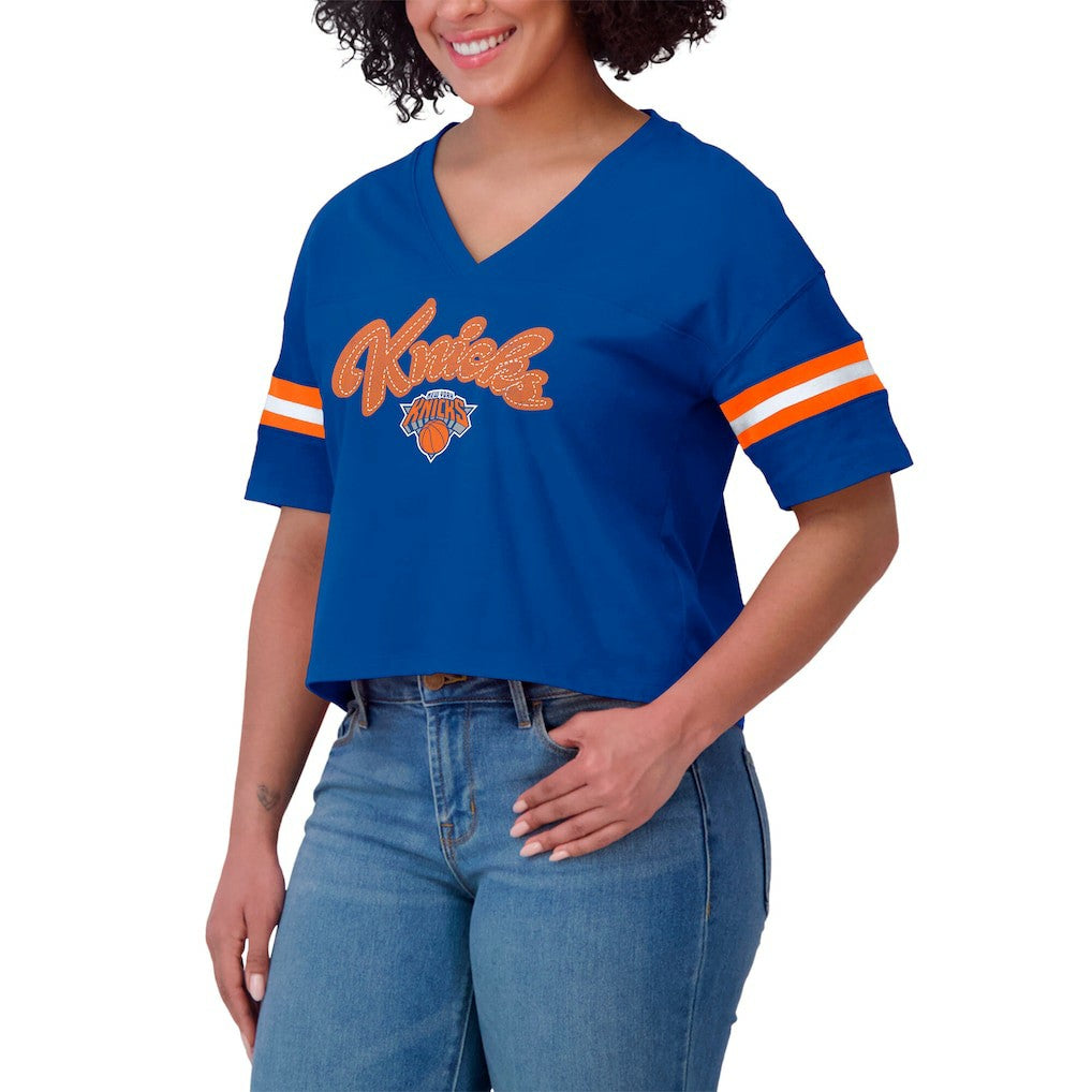 NBA - New York Knicks WEAR by Erin Andrews Women's Plus Size Color Block Boxy V-Neck T-Shirt - Blue