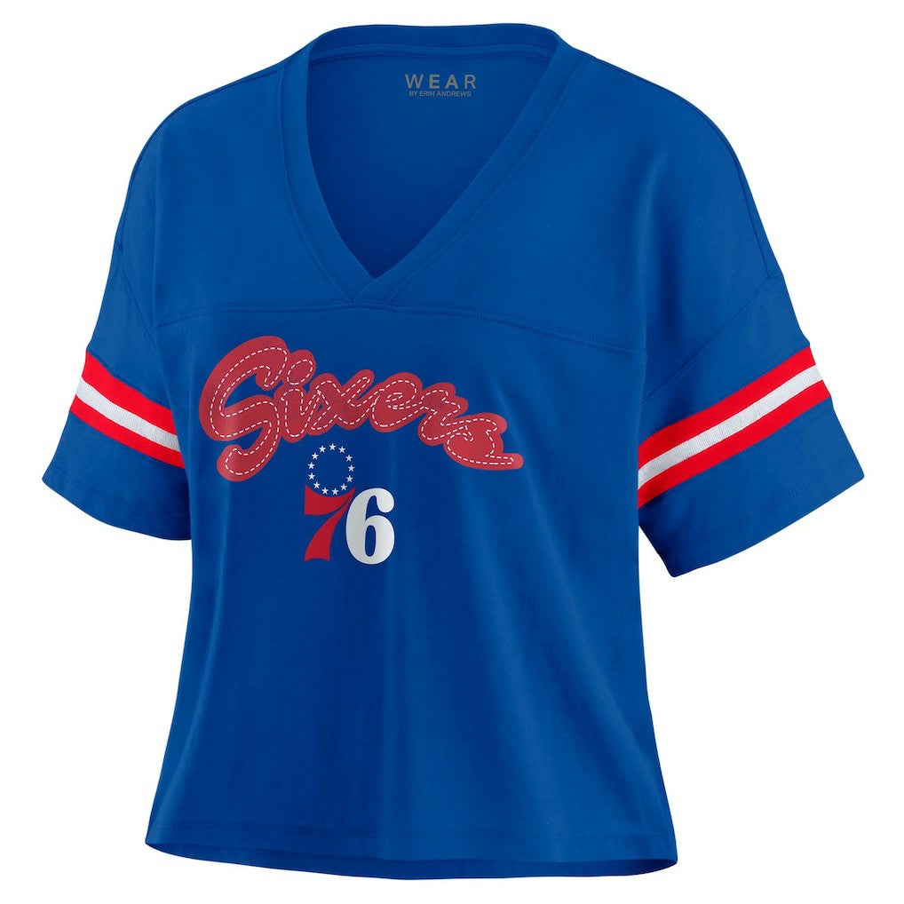 NBA - Philadelphia 76ers WEAR by Erin Andrews Women's Plus Size Color Block Boxy V-Neck T-Shirt - Royal