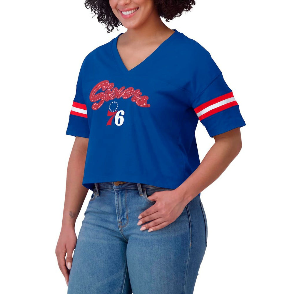 NBA - Philadelphia 76ers WEAR by Erin Andrews Women's Plus Size Color Block Boxy V-Neck T-Shirt - Royal