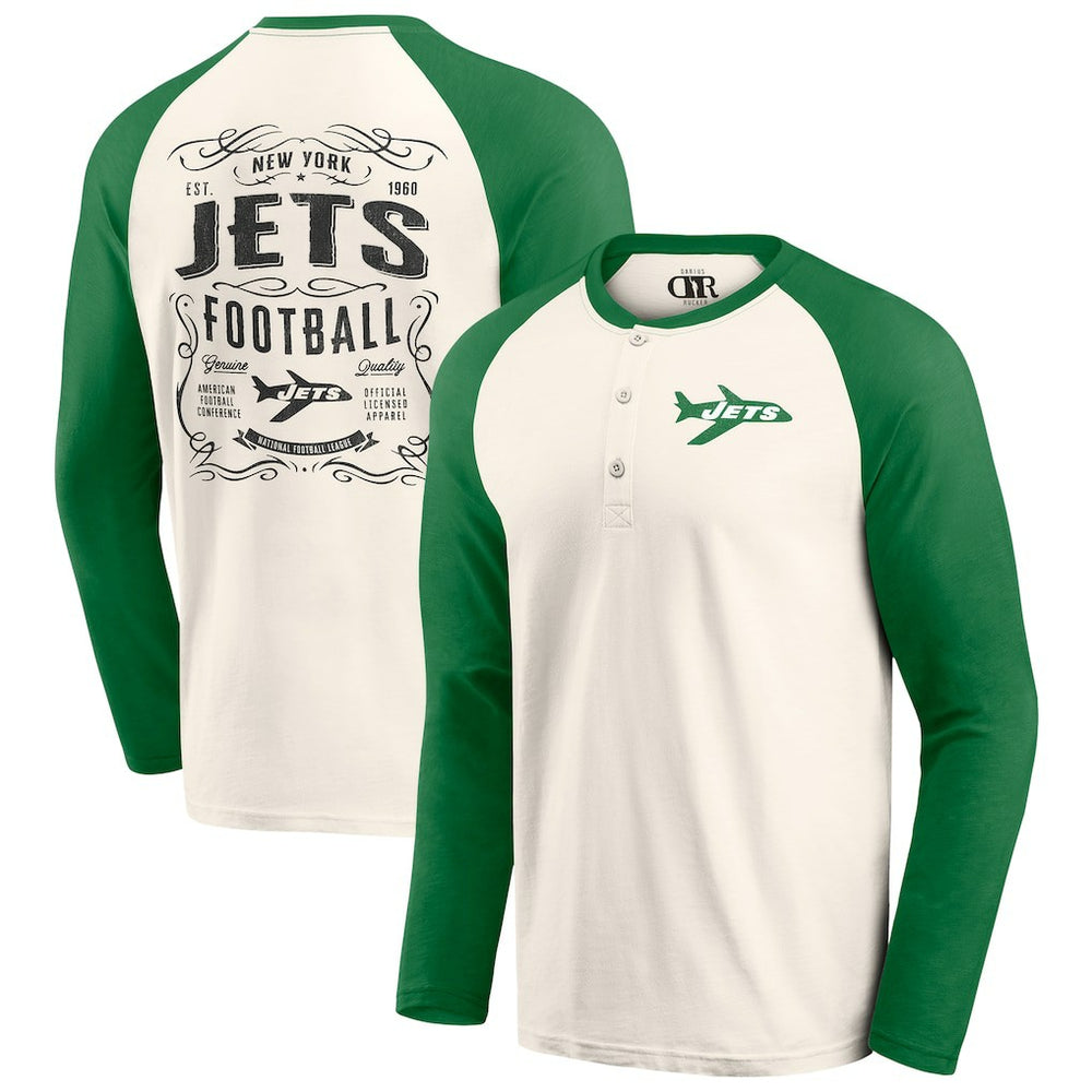 New York Jets Darius Rucker Collection Raglan Henley Long Sleeve T-Shirt Cream/Green - Fanatics