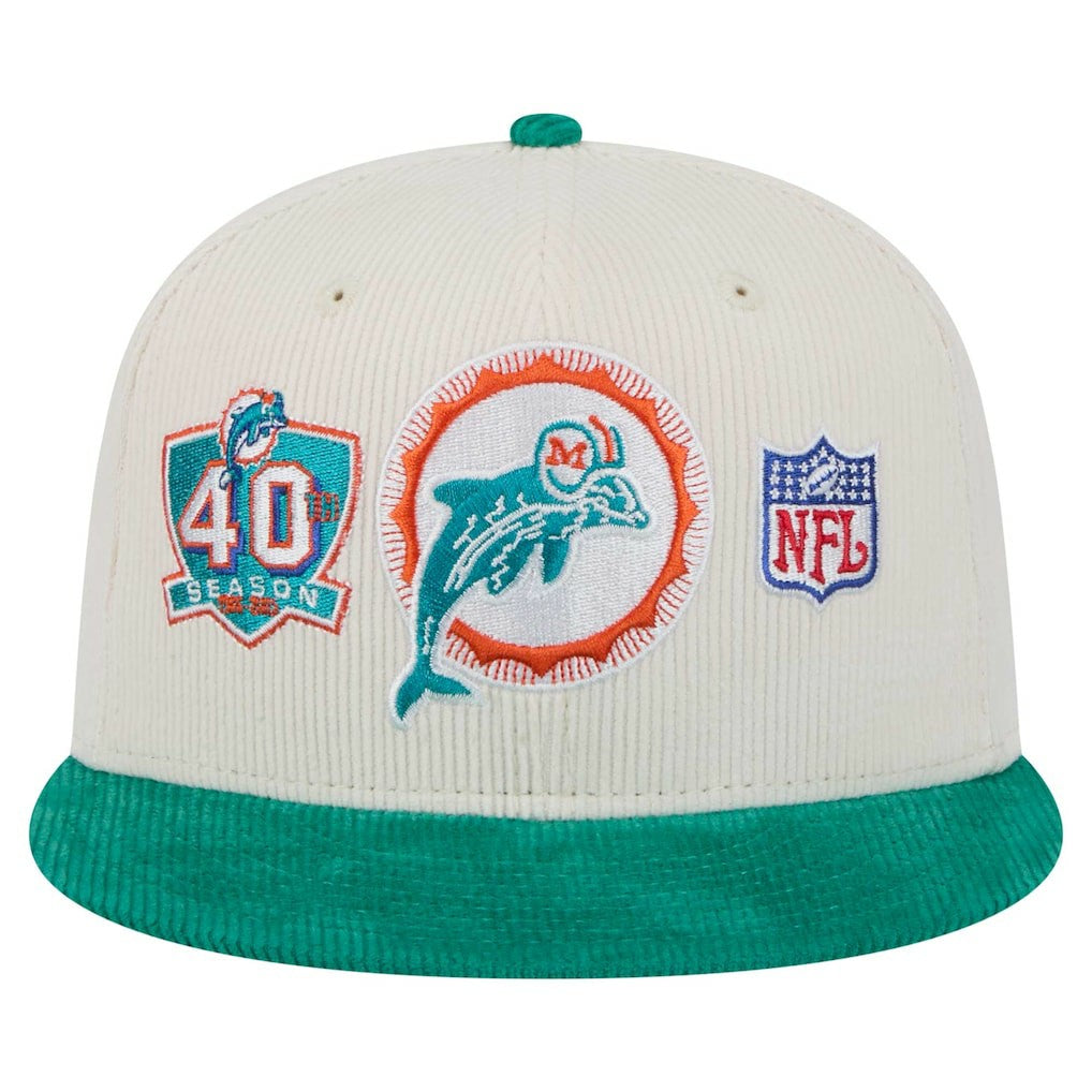 Miami Dolphins New Era Throwback Corduroy 59FIFTY Fitted Hat Cream/Aqua - NFL