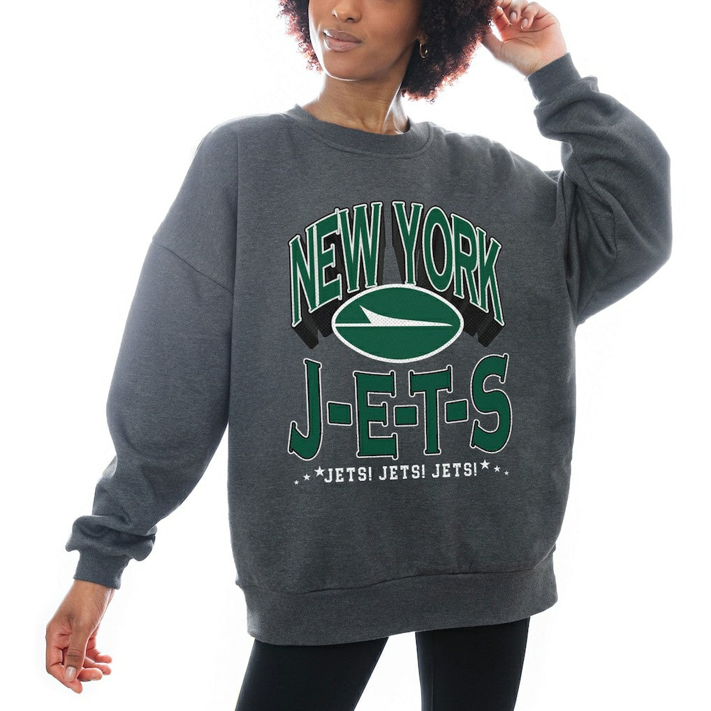 New York Jets Gameday Couture Women's Oversized Long Weekend Premium Fleece Drop Shoulder Pullover Sweatshirt Charcoal - NFL