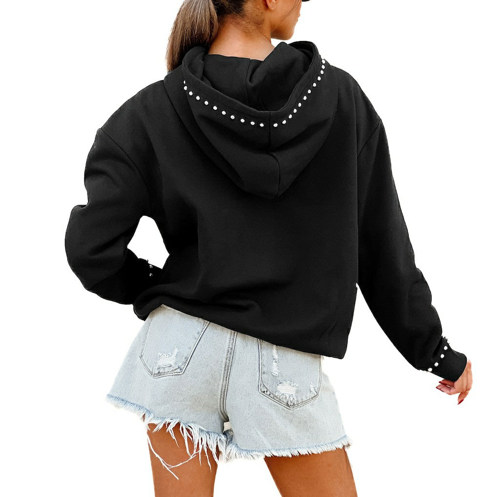 New York Jets Gameday Couture Women's Oversized Catch the Vibe Studded Pullover Hoodie Black - NFL