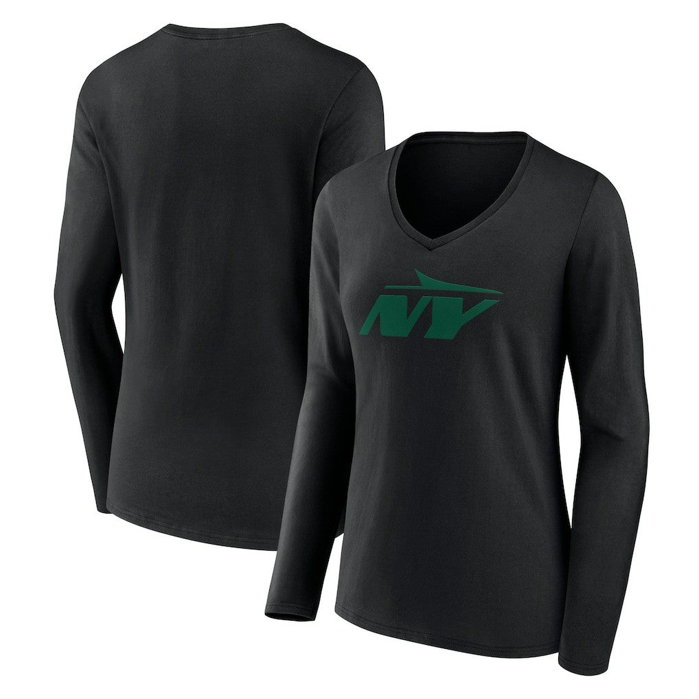 New York Jets Women's Secondary Logo Long Sleeve V-Neck T-Shirt Black - NFL