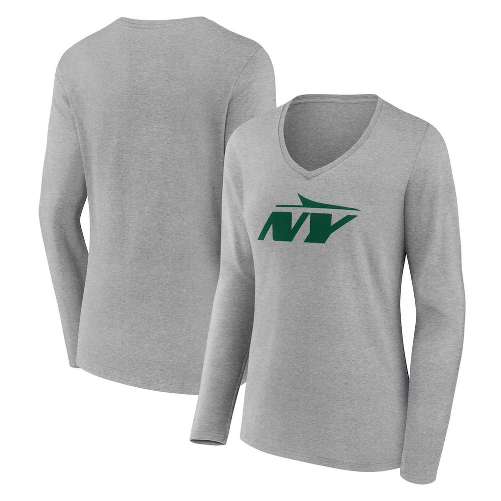 New York Jets Women's Secondary Logo Long Sleeve V-Neck T-Shirt Gray - NFL