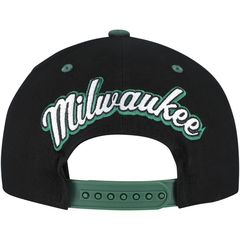Mitchell & Ness - Milwaukee Bucks Backside Script Two-Tone Pro Crown Adjustable Hat - Black/Hunter Green