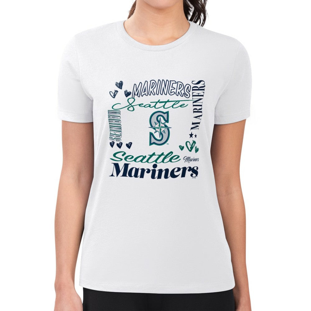 Seattle Mariners G-III 4Her by Carl Banks Women's Super-Slim Fit Lightweight Collage Team Graphic Crew Neck T-Shirt On Sale