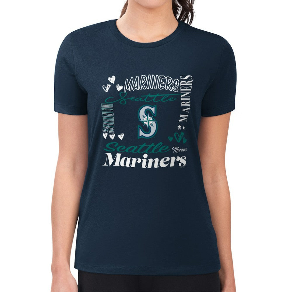 Seattle Mariners G-III 4Her by Carl Banks Women's Super-Slim Fit Lightweight Collage Team Graphic Crew Neck T-Shirt On Sale
