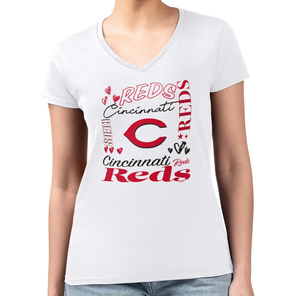 Cincinnati Reds G-III 4Her by Carl Banks Women's Super-Slim Fit Lightweight Collage Team Graphic V-Neck T-Shirt Sale