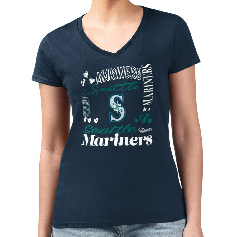 Seattle Mariners G-III 4Her by Carl Banks Women's Super-Slim Fit Lightweight Collage Team Graphic V-Neck T-Shirt On Sale