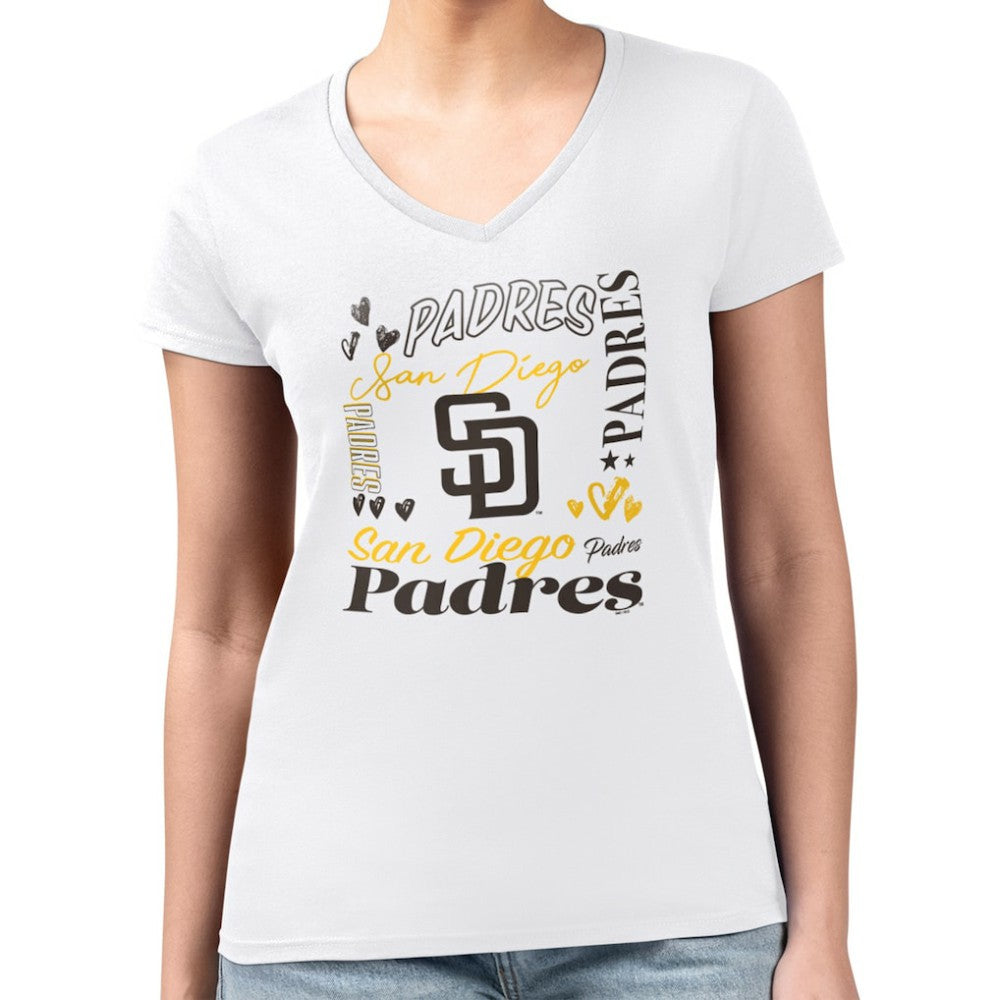 San Diego Padres G-III 4Her by Carl Banks Women's Super-Slim Fit Lightweight Collage Team Graphic V-Neck T-Shirt Clearance