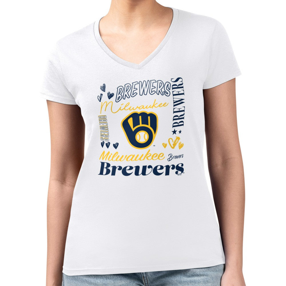 Milwaukee Brewers G-III 4Her by Carl Banks Women's Super-Slim Fit Lightweight Collage Team Graphic V-Neck T-Shirt On Sale