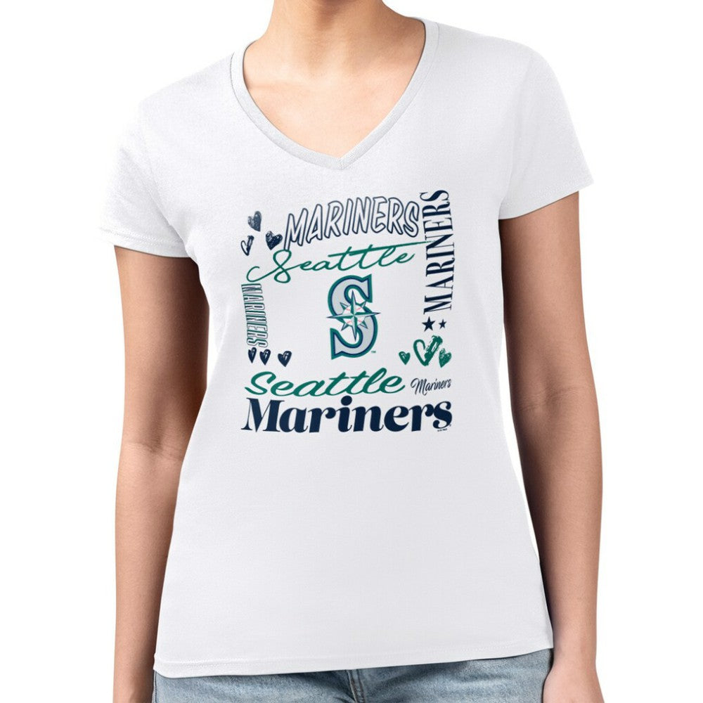 Seattle Mariners G-III 4Her by Carl Banks Women's Super-Slim Fit Lightweight Collage Team Graphic V-Neck T-Shirt On Sale