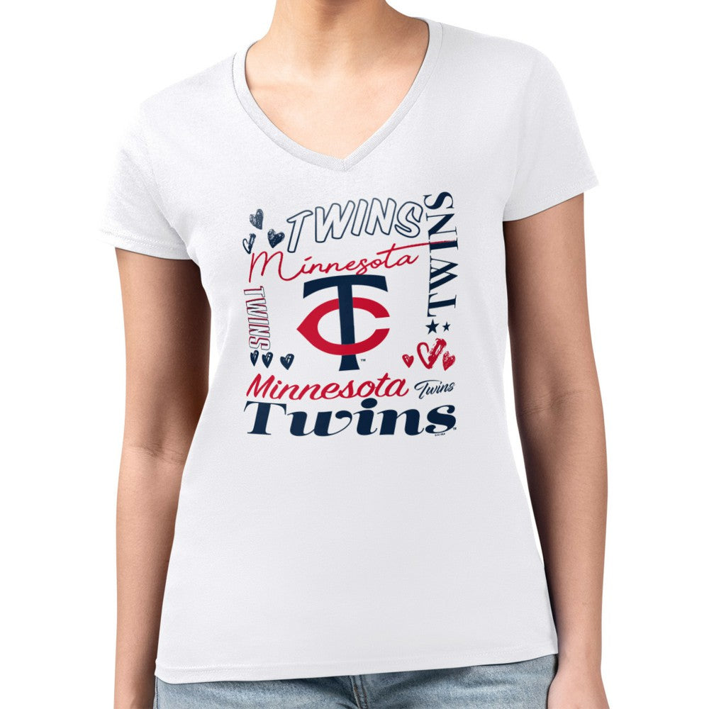 Minnesota Twins G-III 4Her by Carl Banks Women's Super-Slim Fit Lightweight Collage Team Graphic V-Neck T-Shirt Clearance