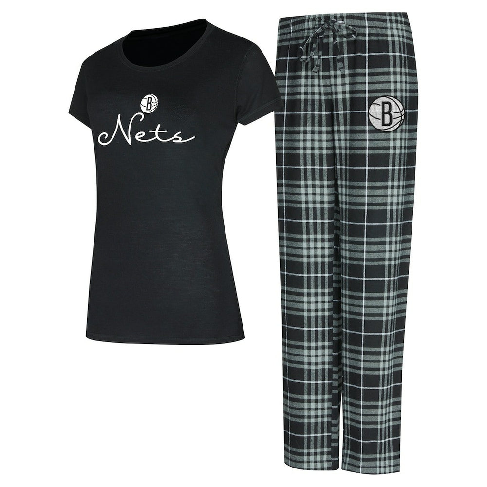 NBA - Brooklyn Nets Concepts Sport Women's Vector Top & Flannel Pants Sleep Set - Black/Gray