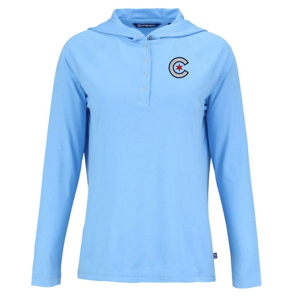 Chicago Cubs Cutter & Buck Women's City Connect Coastline Epic Comfort Eco Recycled Hoodie Raglan Long Sleeve T-Shirt for sale
