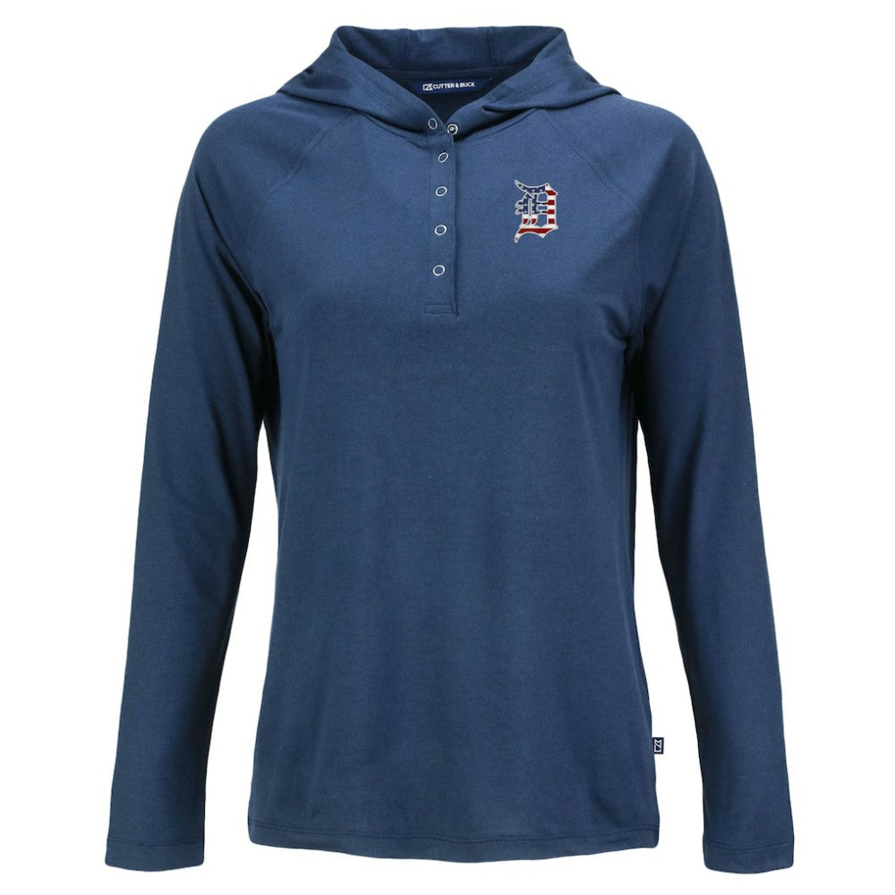 Detroit Tigers Cutter & Buck Women's Stars And Stripes Coastline Epic Comfort Eco Recycled Hoodie Raglan Long Sleeve T-Shirt On Sale