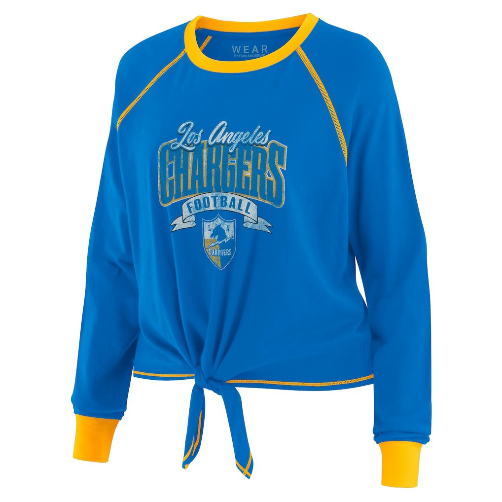 Los Angeles Chargers WEAR by Erin Andrews Women's Tie-Front Long Sleeve Top Powder Blue/Yellow - NFL