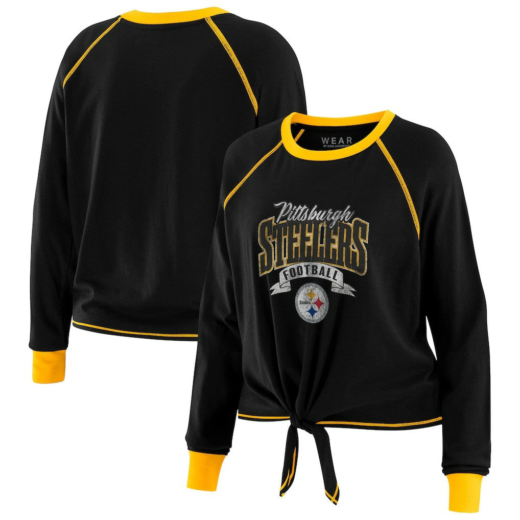 Pittsburgh Steelers WEAR by Erin Andrews Women's Tie-Front Long Sleeve Top Black/Gold - NFL