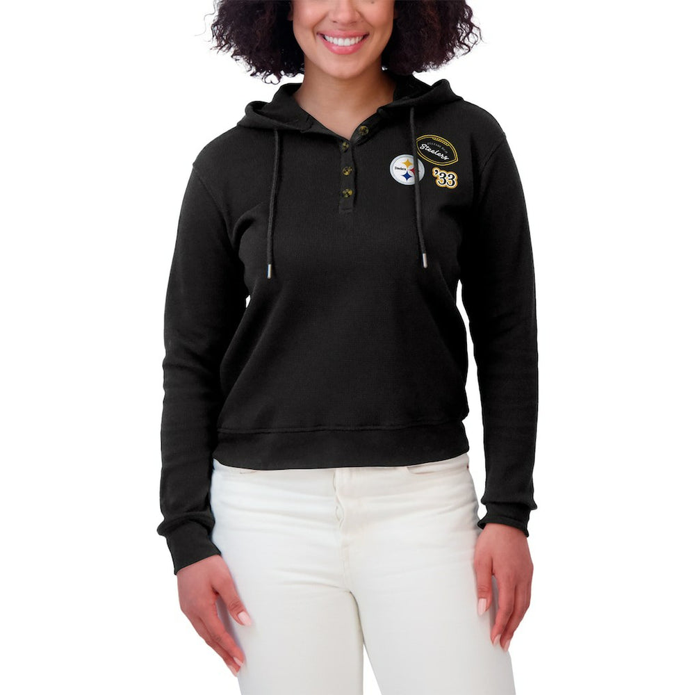 Pittsburgh Steelers WEAR by Erin Andrews Women's Waffle Hoodie Pullover Top Black - NFL