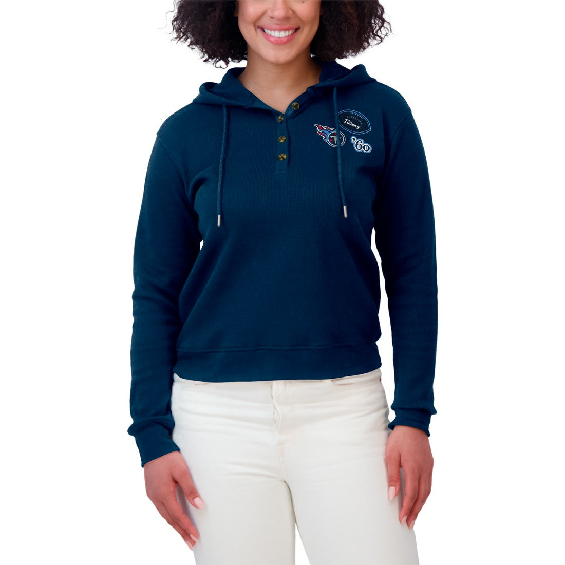 Tennessee Titans WEAR by Erin Andrews Women's Waffle Hoodie Pullover Top Navy - NFL