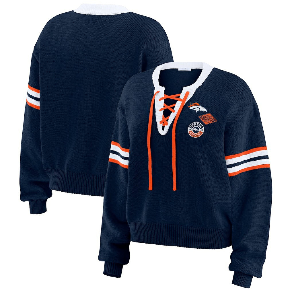 Denver Broncos WEAR by Erin Andrews Women's Lace-Up Pullover Sweatshirt Navy - NFL