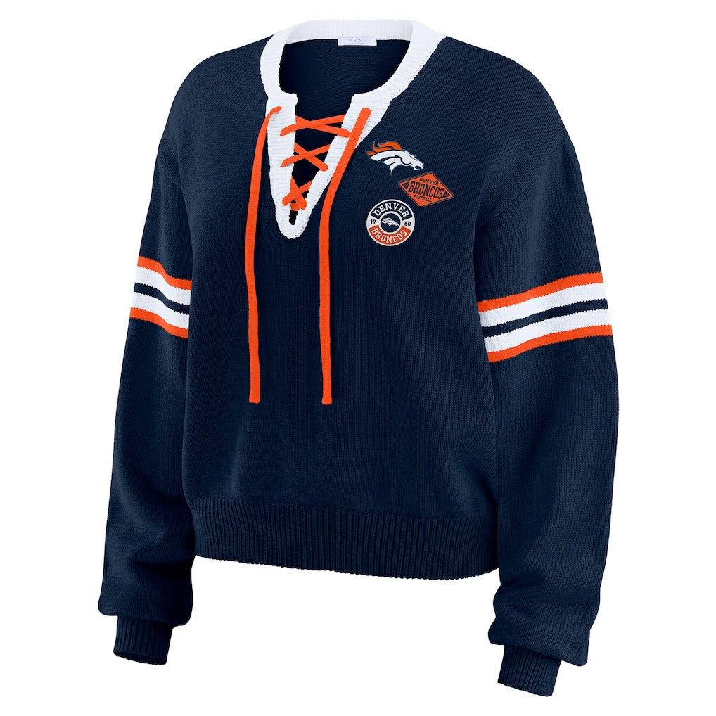 Denver Broncos WEAR by Erin Andrews Women's Lace-Up Pullover Sweatshirt Navy - NFL
