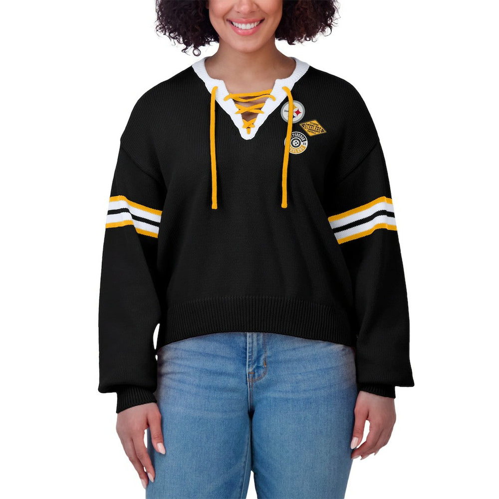 Pittsburgh Steelers WEAR by Erin Andrews Women's Lace-Up Pullover Sweatshirt Black - NFL